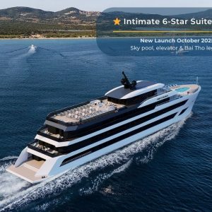 Luxurious 6-star yacht with sky pool and private deck, launching October 2025 in Vietnam.