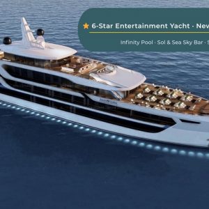 Luxury 6-star yacht with infinity pool, sky bar, spa, gym, launching Dec 2025.
