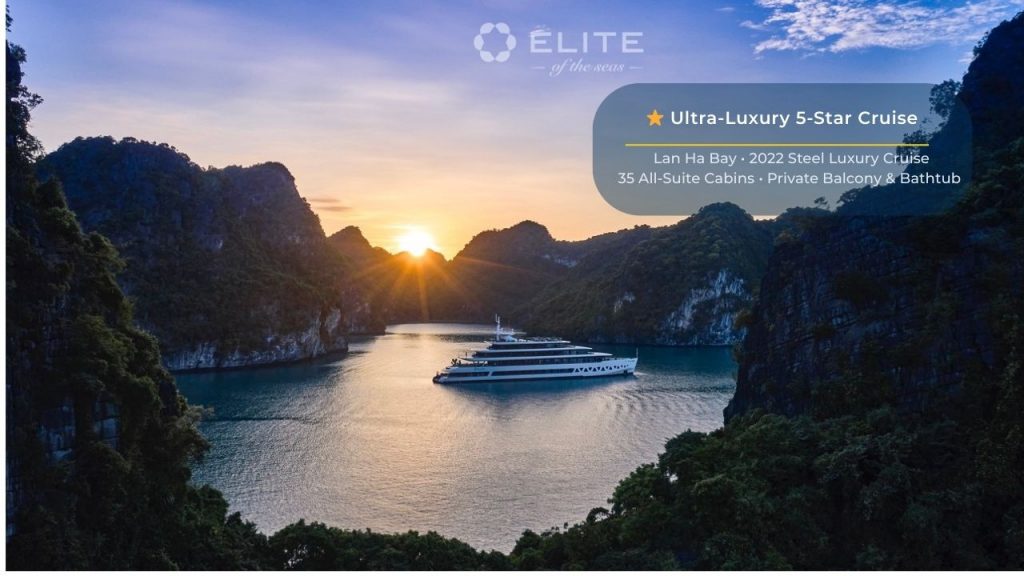 Stunning sunset over Halong Bay with a cruise ship in the tranquil waters, perfect for a memorable t.