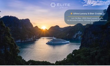 Stunning sunset over Halong Bay with a cruise ship in the tranquil waters, perfect for a memorable t.