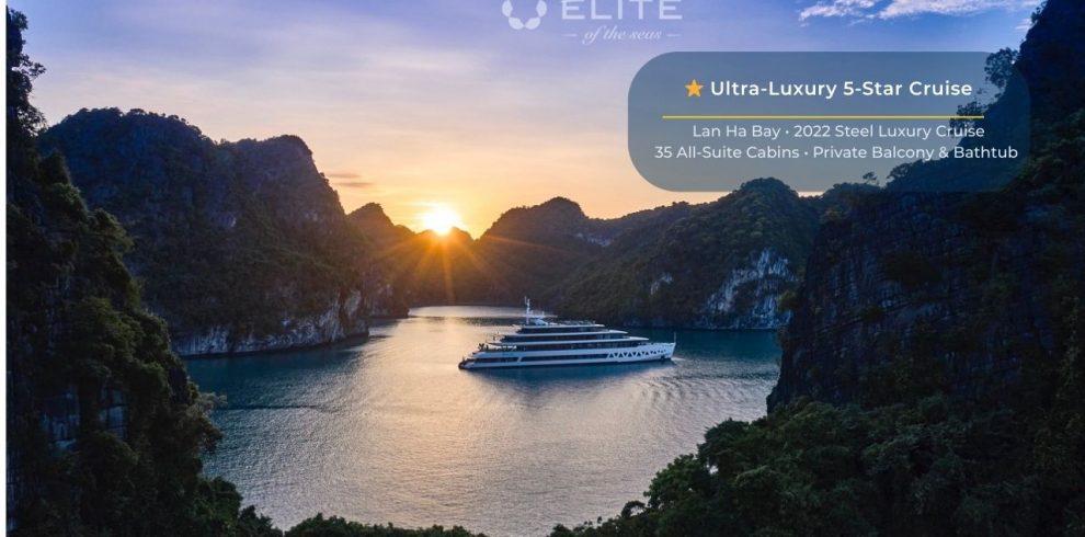 Stunning sunset over Halong Bay with a cruise ship in the tranquil waters, perfect for a memorable t.