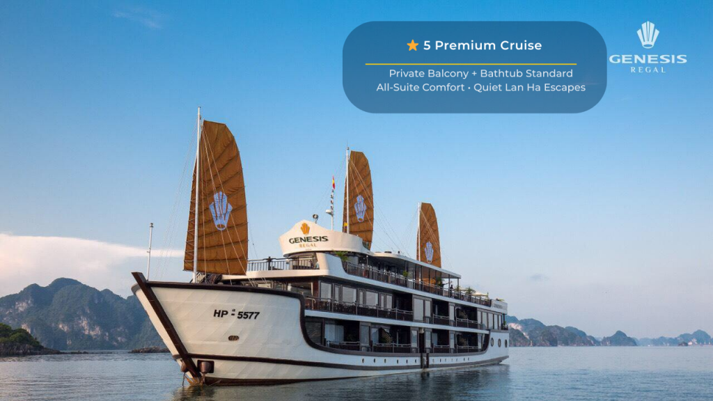 Elegant cruise ship on Halong Bay with multiple decks and sails, showcasing a luxurious travel exper.