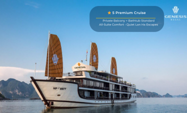 Elegant cruise ship on Halong Bay with multiple decks and sails, showcasing a luxurious travel exper.