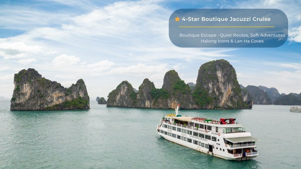 Elegant cruise ship sailing through stunning limestone karsts in Halong Bay, Vietnam.