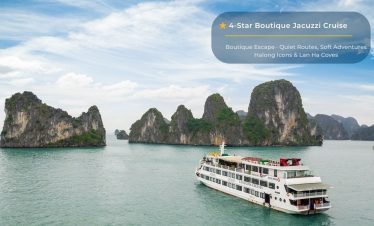 Elegant cruise ship sailing through stunning limestone karsts in Halong Bay, Vietnam.