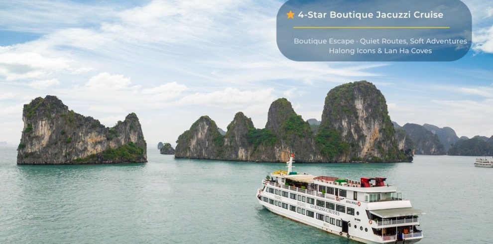 Elegant cruise ship sailing through stunning limestone karsts in Halong Bay, Vietnam.