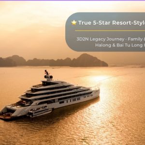 Luxury yacht cruising in Halong Bay at sunset, Vietnam.