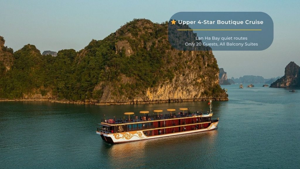 Elegant cruise balcony view of Halong Bay with lush islands and tranquil waters.