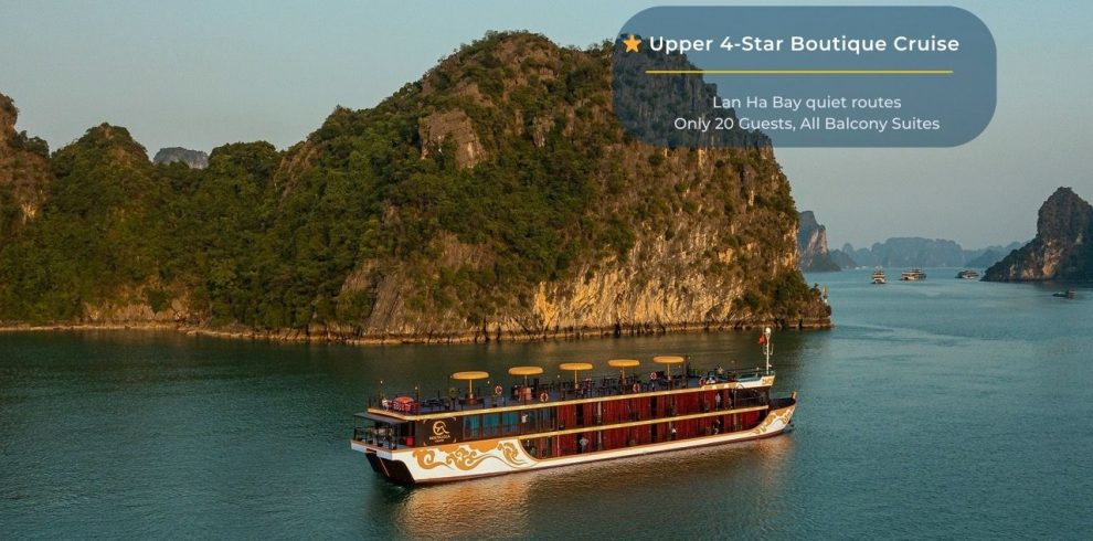 Elegant cruise balcony view of Halong Bay with lush islands and tranquil waters.