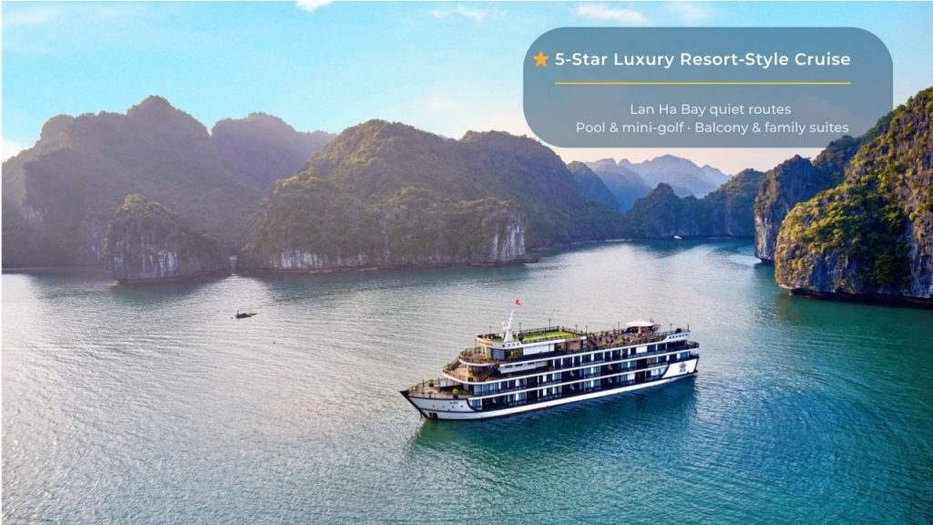 Elegant cruise sailing through stunning Halong Bay with scenic limestone islands and tranquil waters.