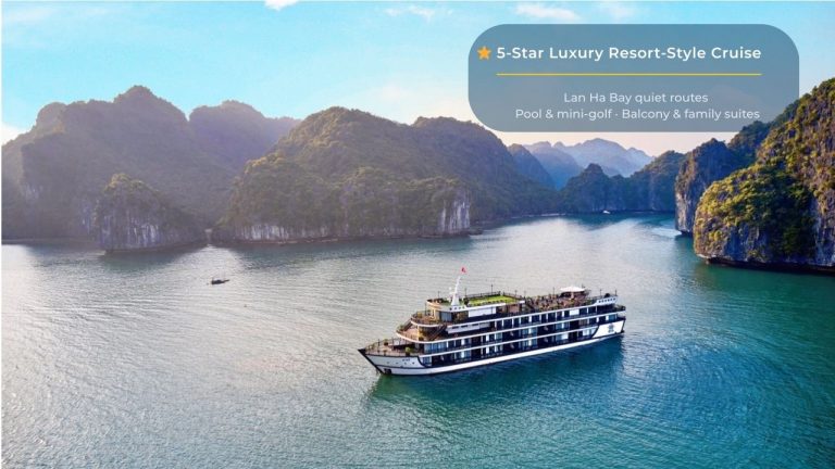 Elegant cruise sailing through stunning Halong Bay with scenic limestone islands and tranquil waters.