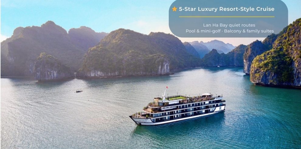Elegant cruise sailing through stunning Halong Bay with scenic limestone islands and tranquil waters.