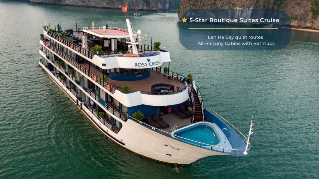 Stunning Halong Bay cruise balcony view with all amenities and scenic surroundings.