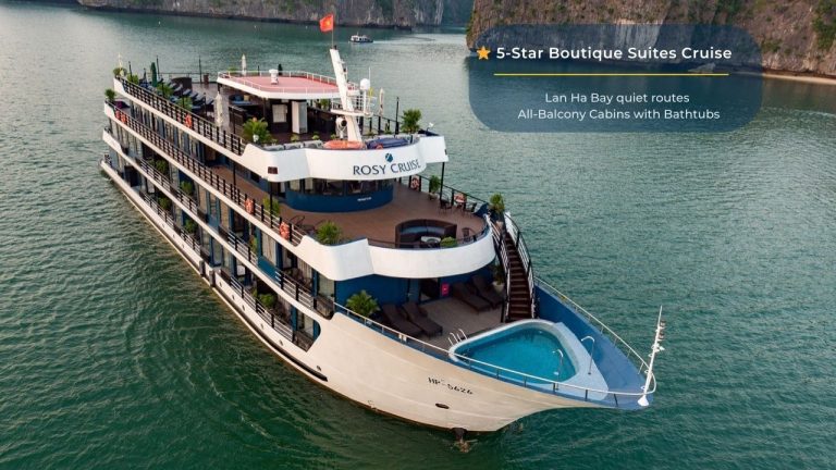 Stunning Halong Bay cruise balcony view with all amenities and scenic surroundings.