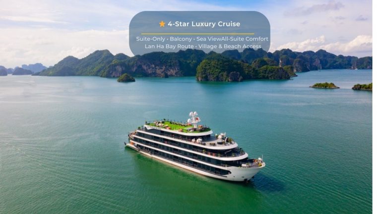 Luxury cruise ship sailing through Halong Bay's emerald waters with scenic limestone karsts.