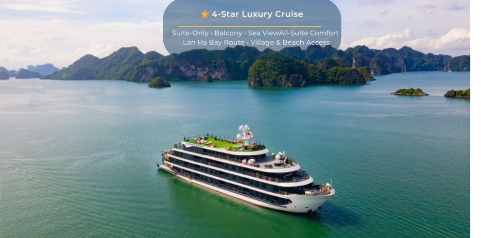 Luxury cruise ship sailing through Halong Bay's emerald waters with scenic limestone karsts.