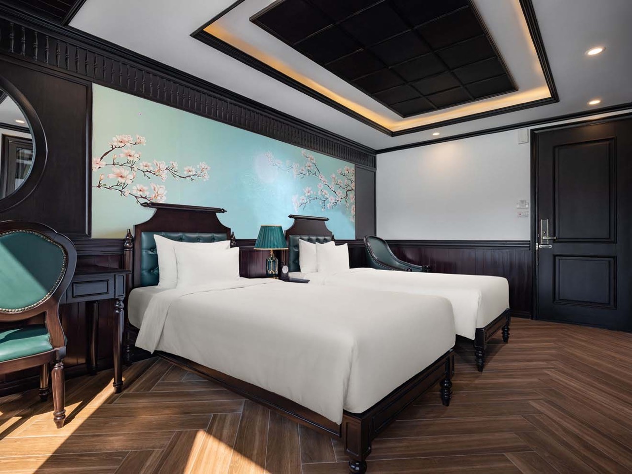 Elegant cruise balcony view of Halong Bay with luxurious interior and serene atmosphere.
