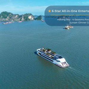 Luxury cruise on Halong Bay with sunset dinner and 4-season pool.
