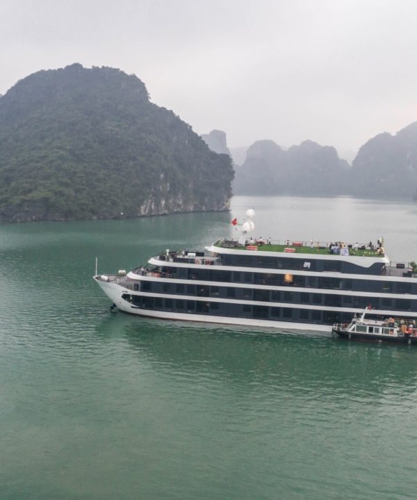 Cruise ship sailing through scenic Halong Bay with limestone karsts and emerald waters.