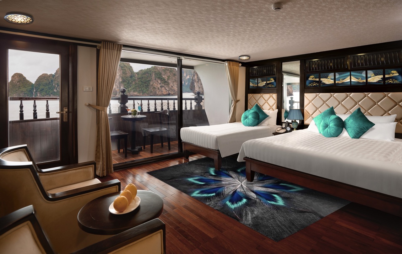 Luxury Halong Bay cruise balcony with scenic views and modern amenities.