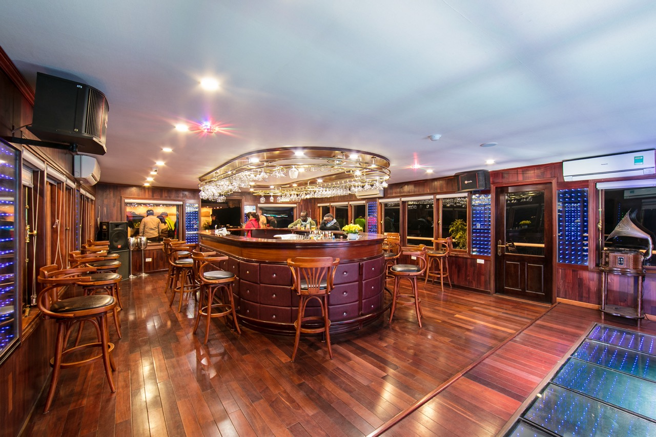 Luxurious interior with bar and seating area, perfect for relaxing after exploring.