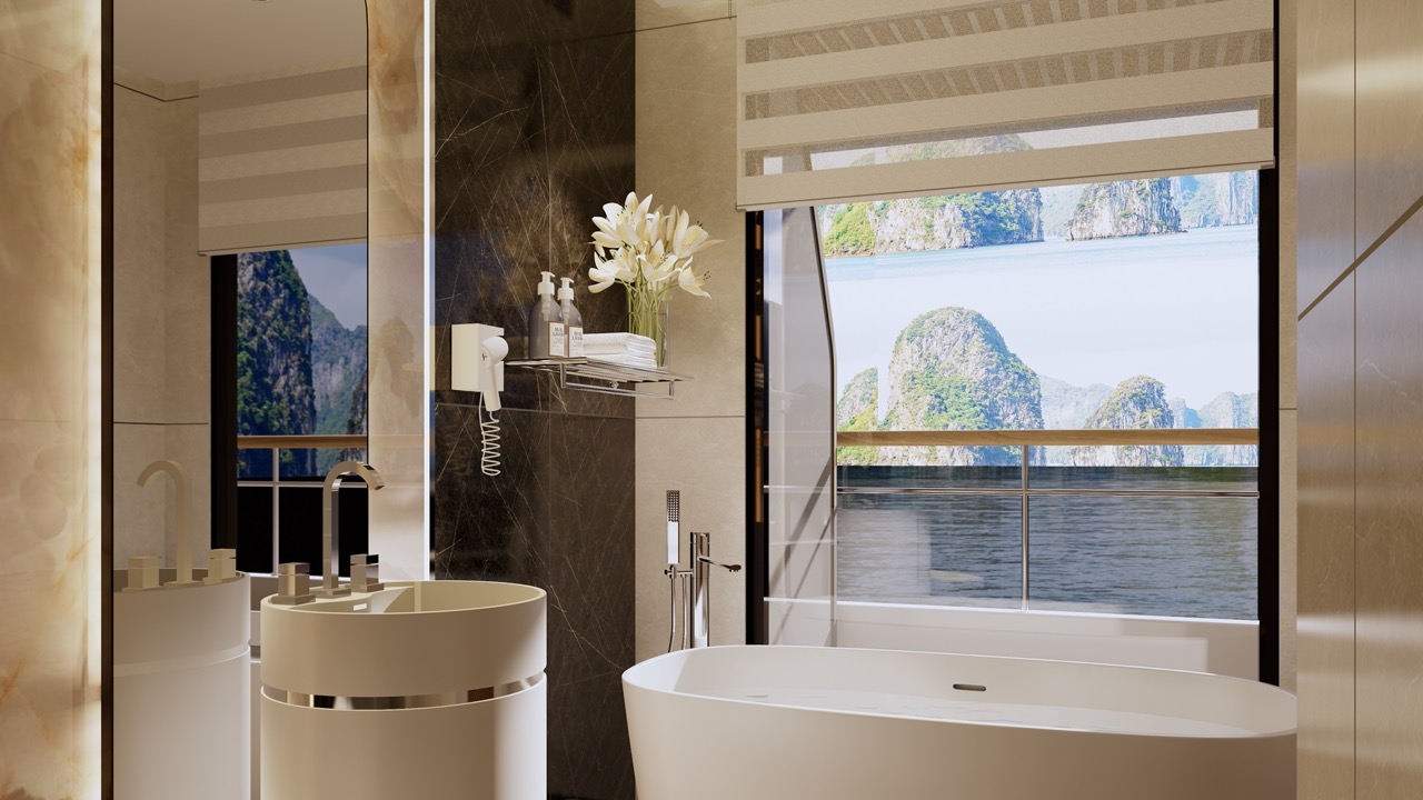 Elegant bathroom with ocean view and modern fixtures for luxury travelers.