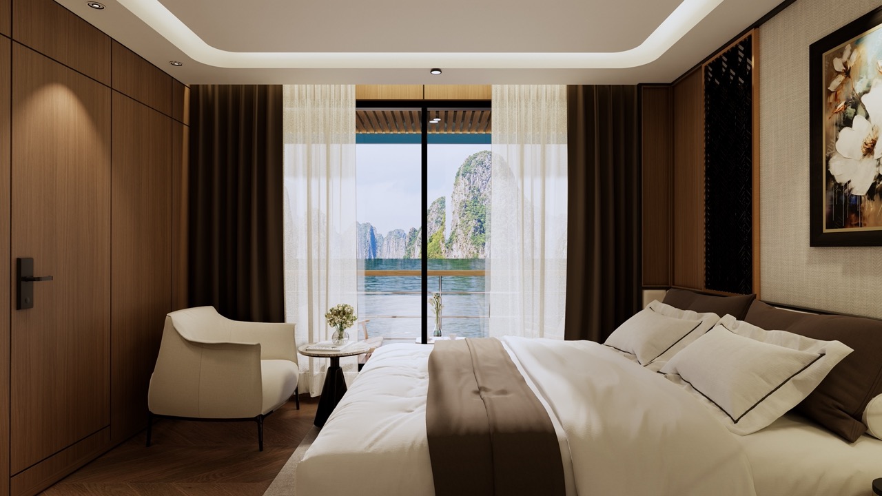 Luxurious hotel bedroom with ocean view and modern decor.