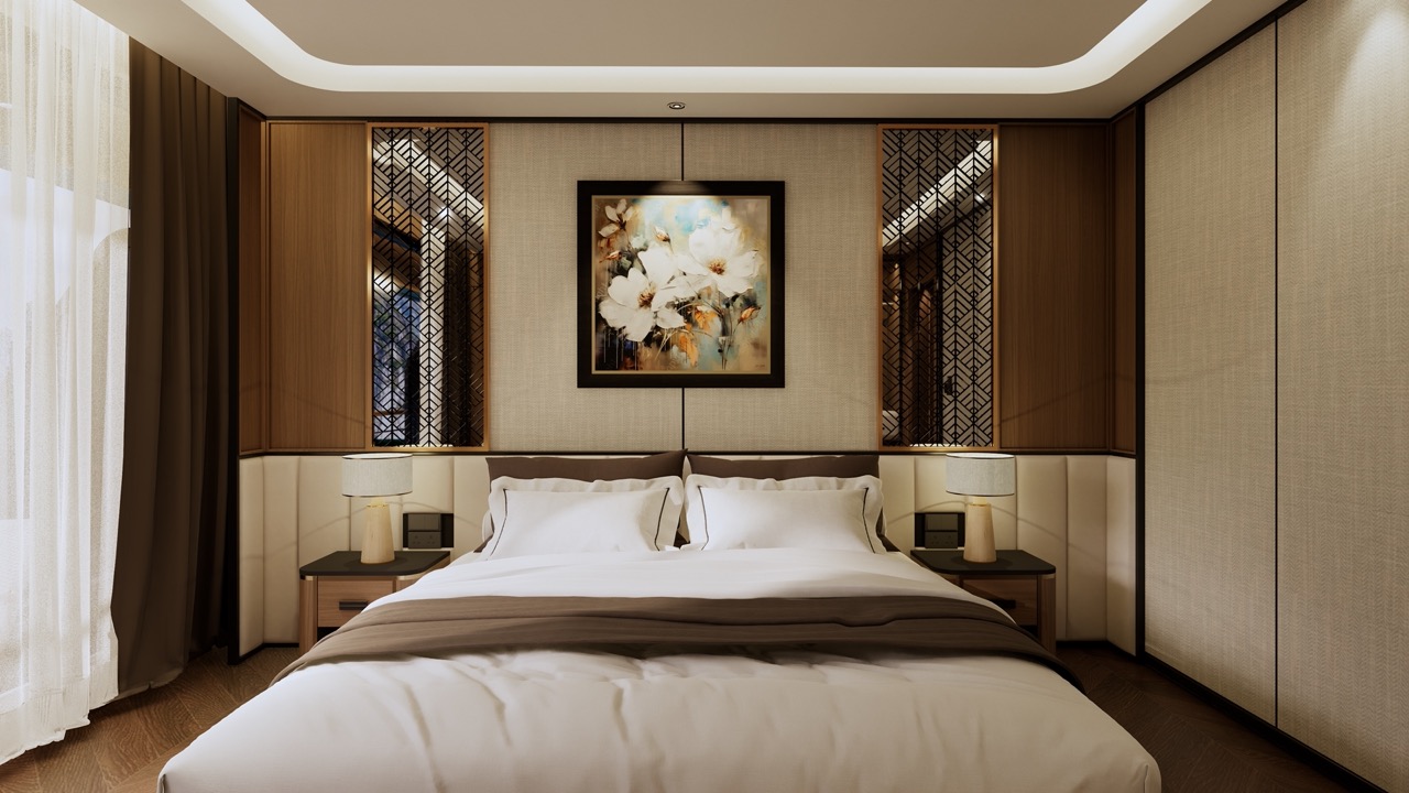 Luxurious hotel bedroom with elegant decor and comfortable bedding for a relaxing stay.