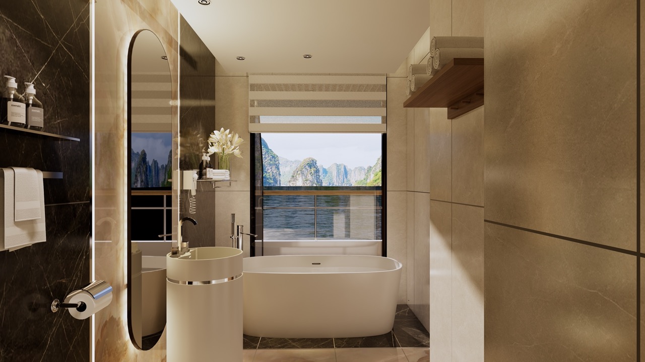 Luxurious modern bathroom with bathtub overlooking scenic mountain lake views. Perfect for relaxation.