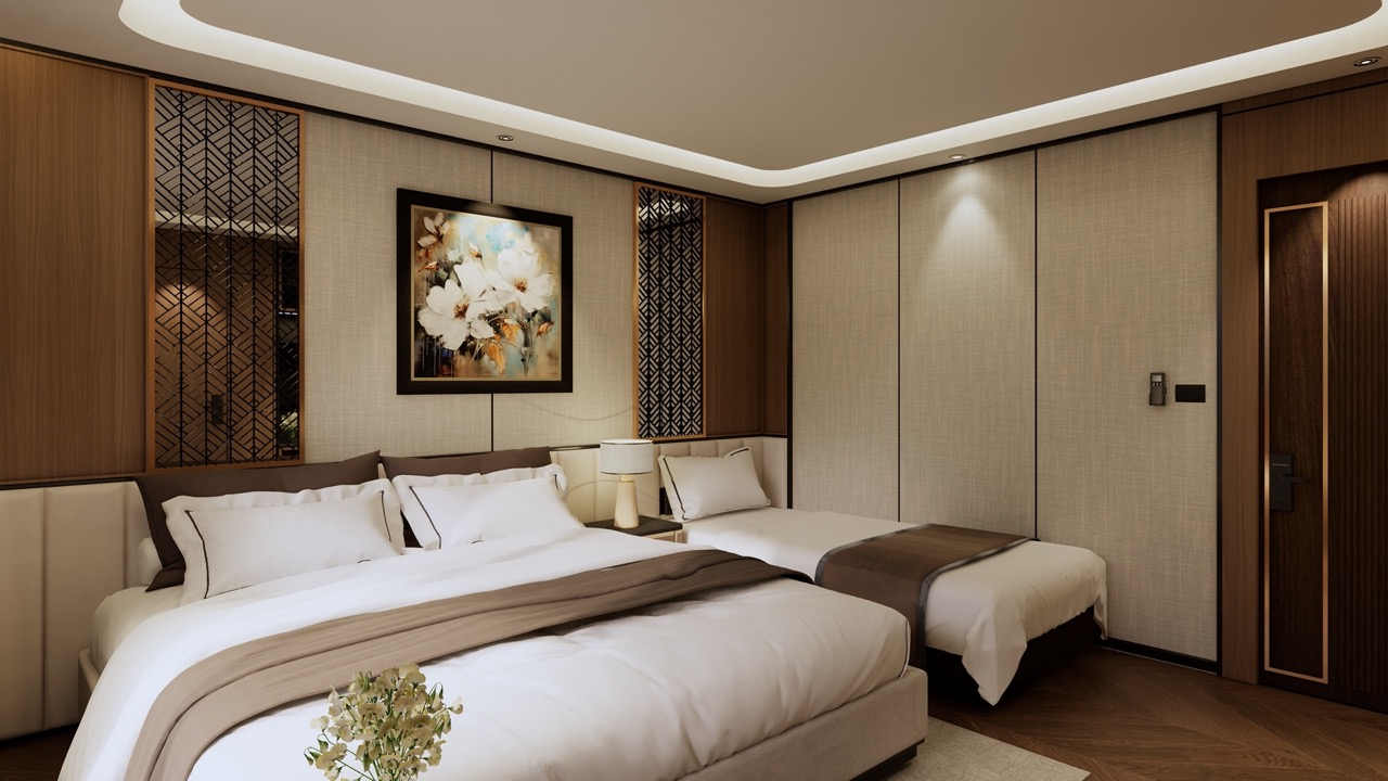 Luxurious hotel bedroom with modern decor and comfortable beds for a relaxing stay.