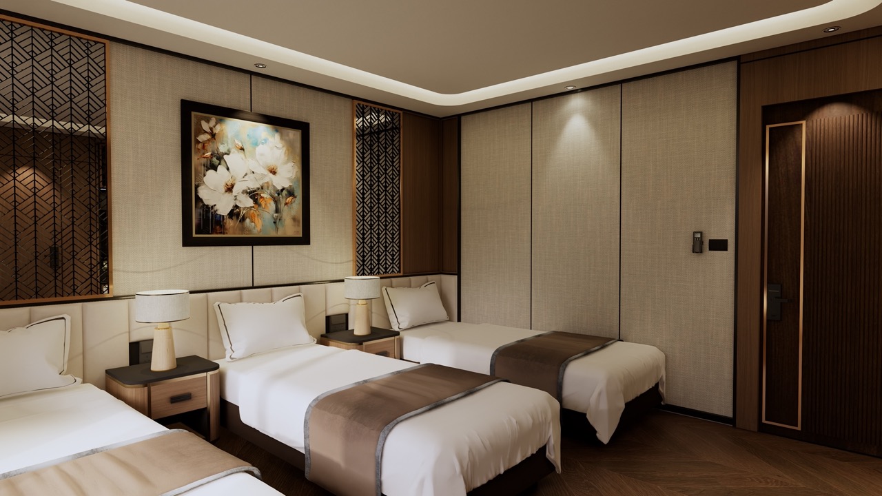Luxurious hotel bedroom with modern decor and three comfortable beds for a restful stay.