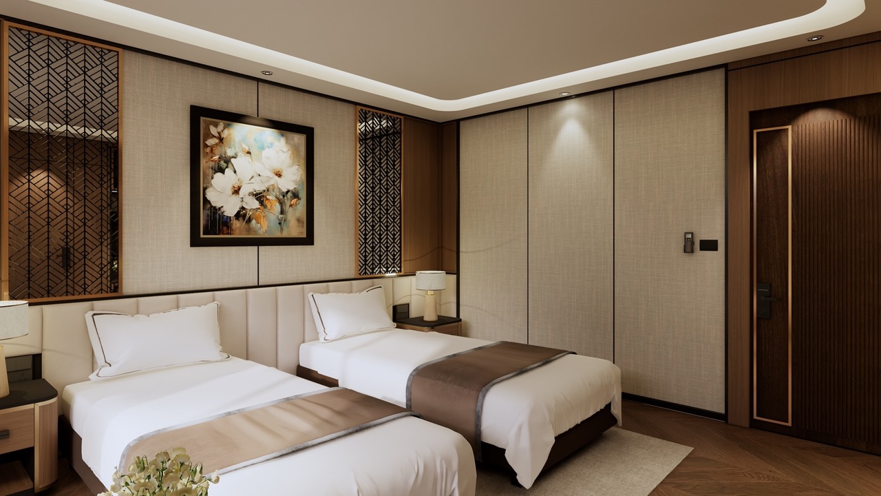 Luxurious hotel bedroom with modern decor and comfortable twin beds, perfect for relaxation.