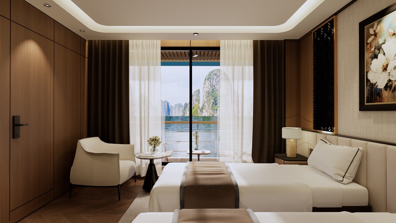 Luxurious hotel room with ocean view and modern decor, perfect for a relaxing stay in Vietnam.