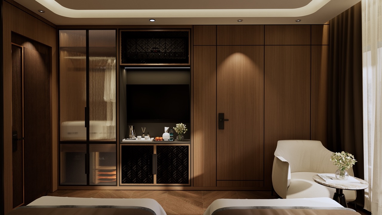 Modern hotel room interior with wooden accents, cozy seating, and elegant decor – perfect for leisure stays.