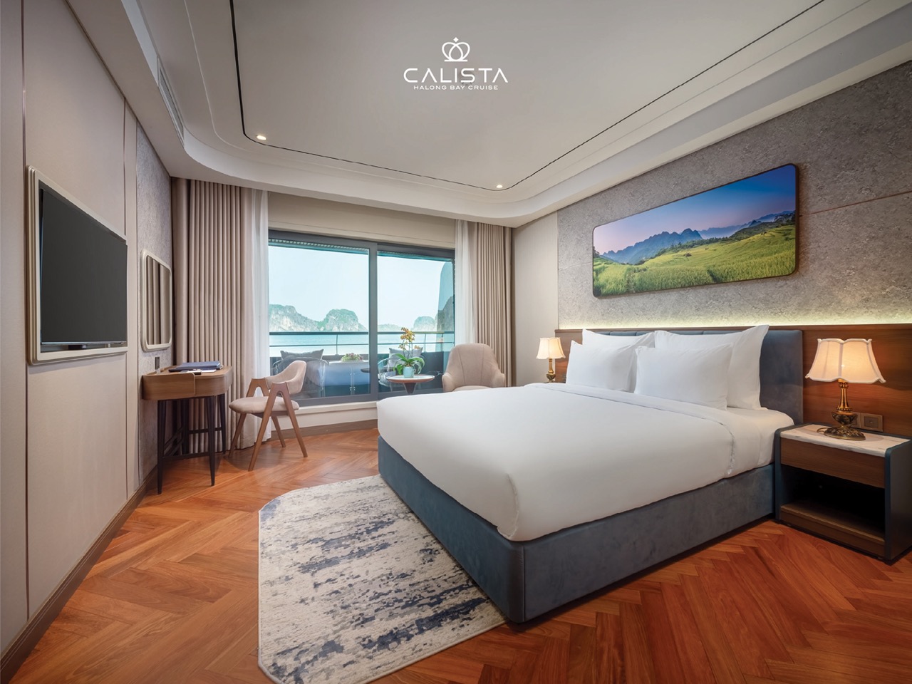 Elegant cruise balcony view of Halong Bay with serene waters and lush islands.