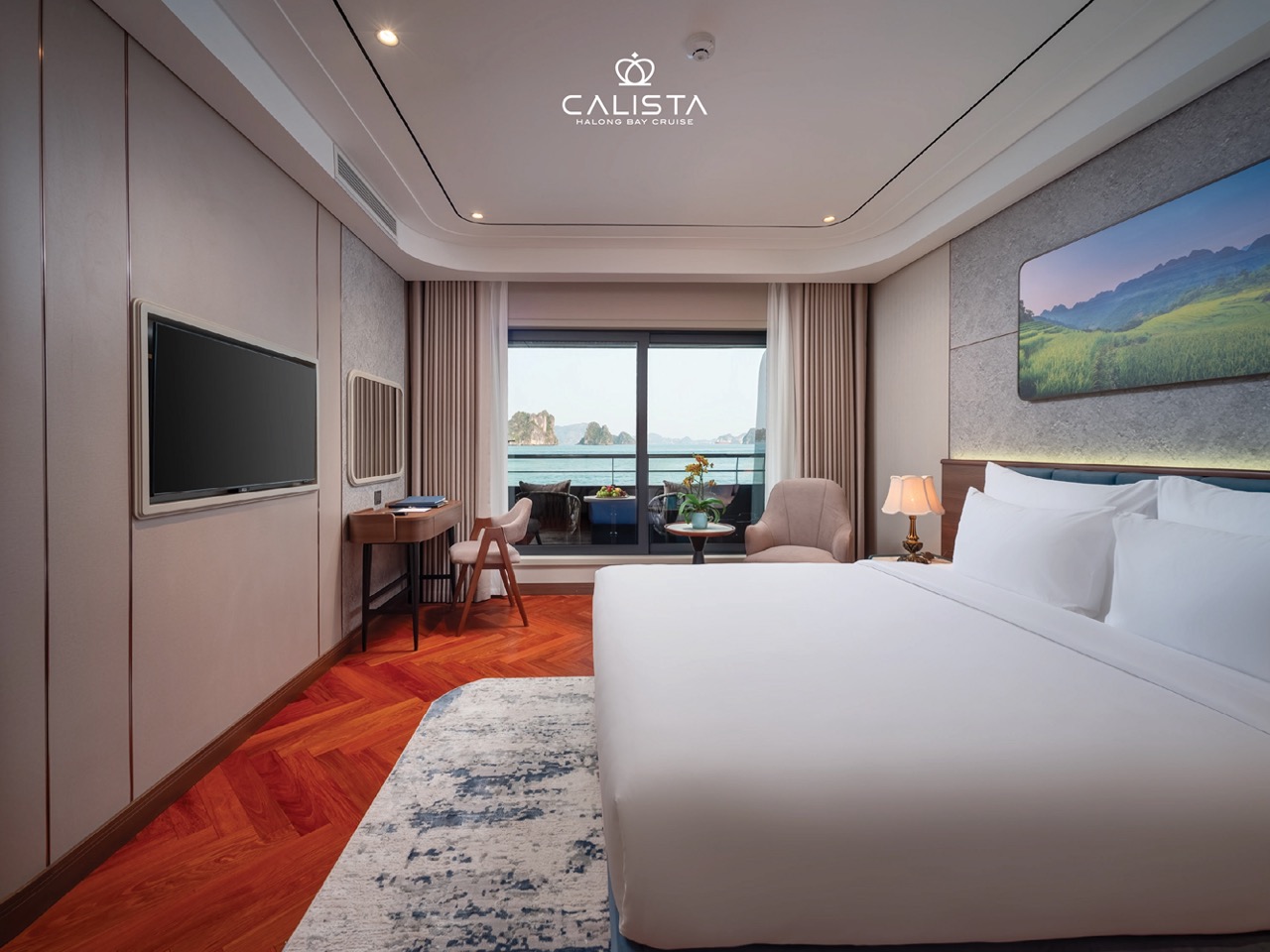 Elegant cruise balcony view of Halong Bay with modern amenities and scenic waterscape.