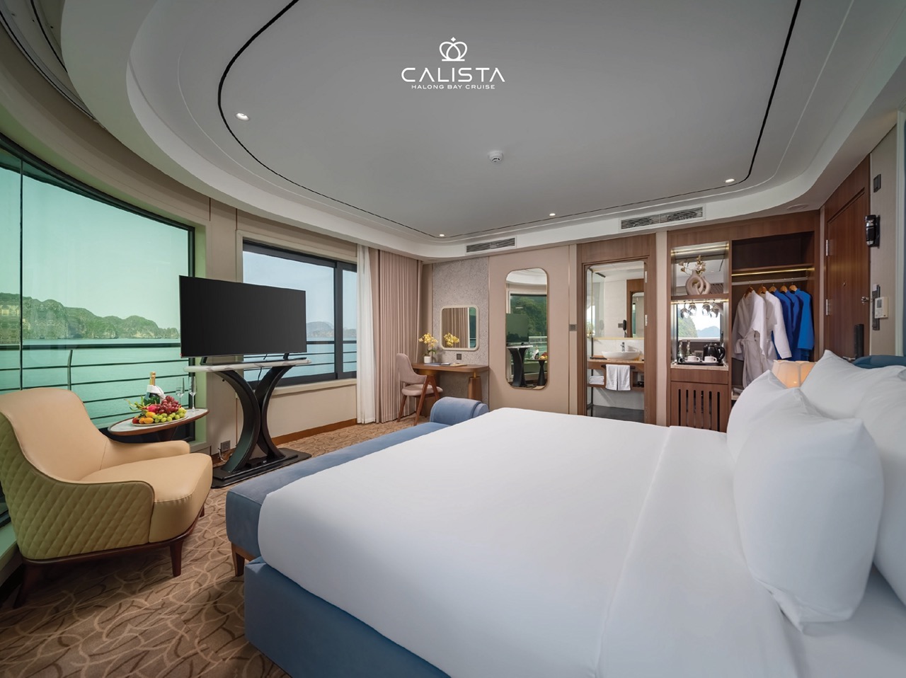 Elegant cruise balcony view in Halong Bay with modern amenities.