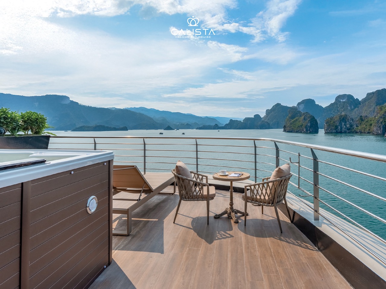Stunning view from a luxury cruise balcony in Halong Bay, perfect for relaxing and enjoying the scen.