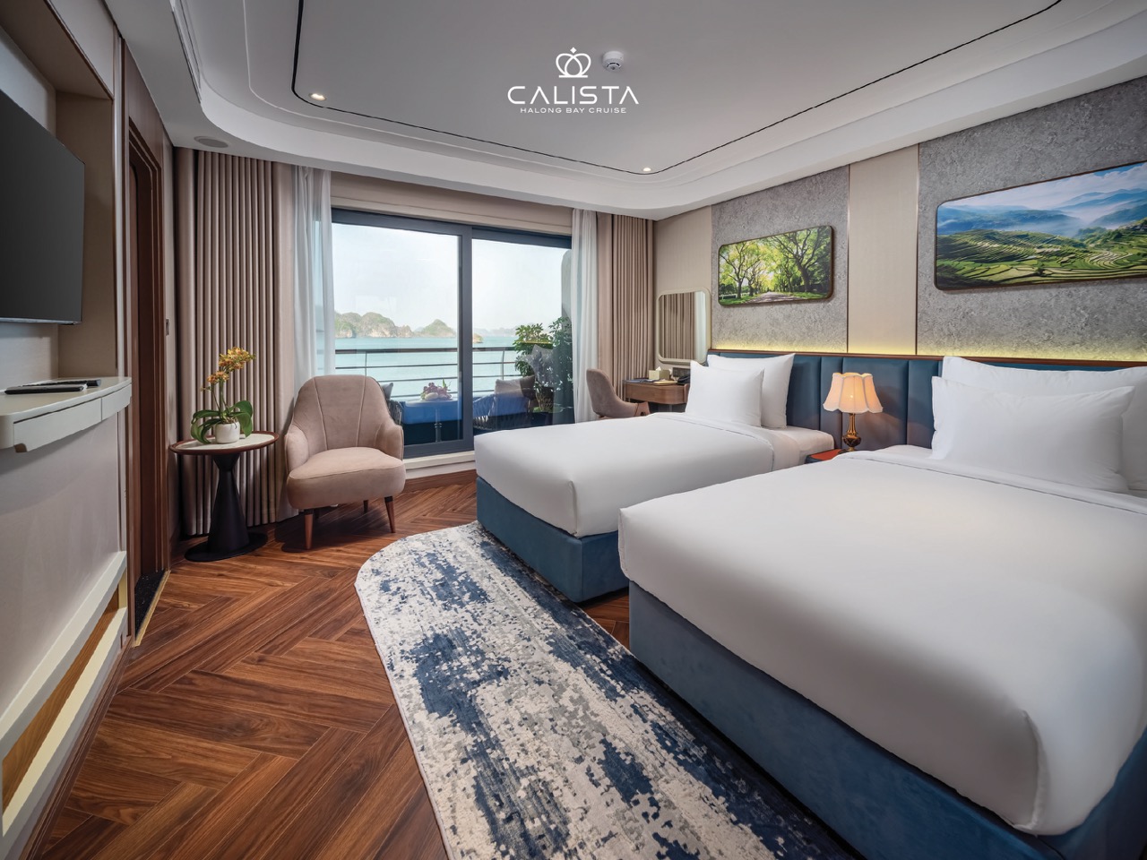 Luxurious cruise balcony view of Halong Bay with modern interior design and scenic water landscape.