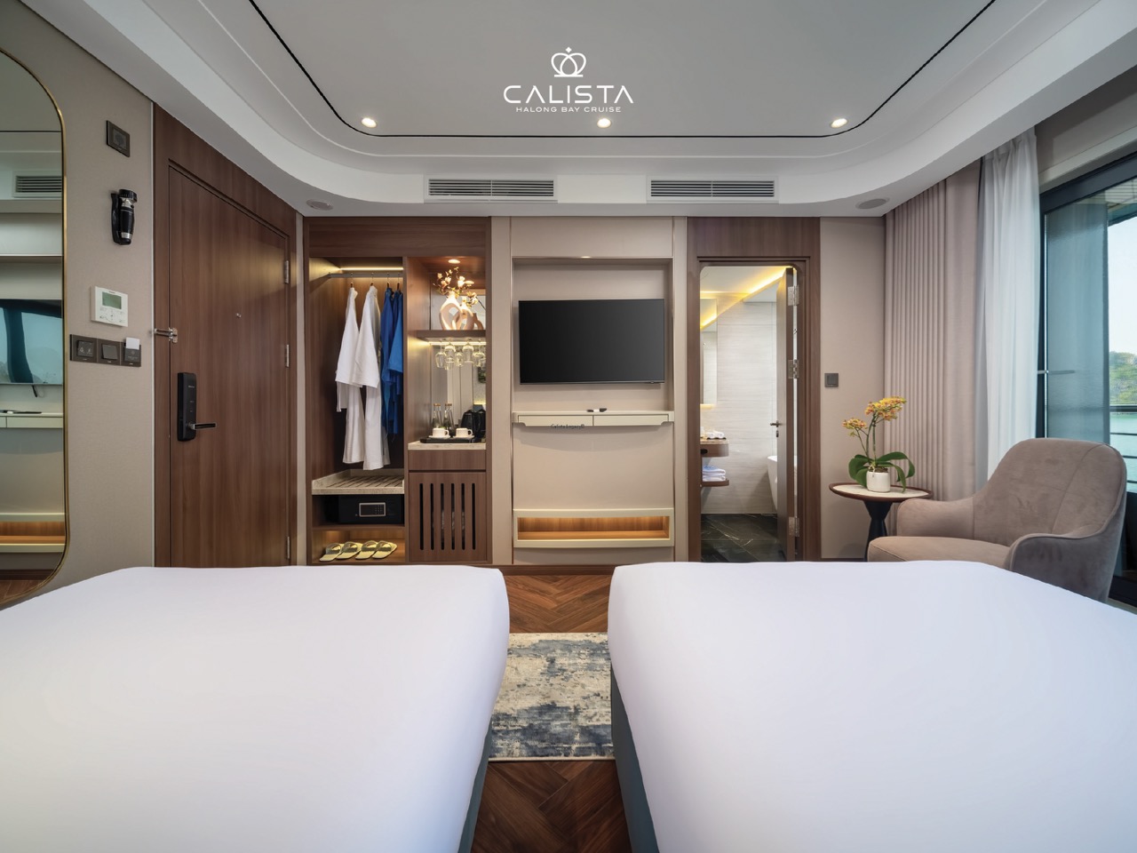 Elegant cruise balcony view showcasing modern comfort and scenic Halong Bay vistas.