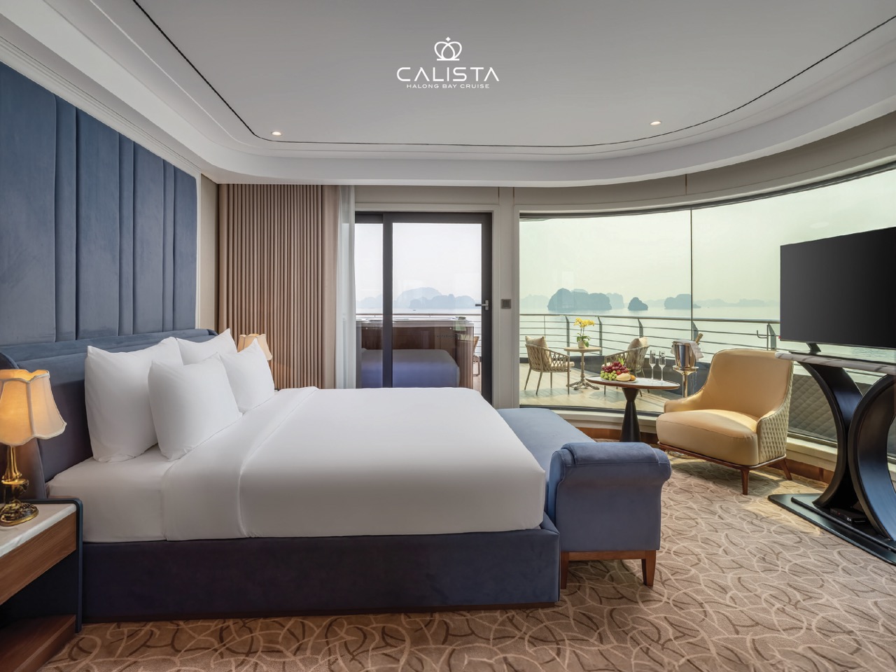 Elegant cruise balcony view of Halong Bay with modern amenities and scenic vistas, perfect for a rom.