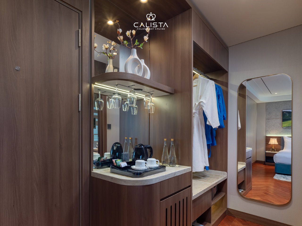 Luxurious Halong Bay cruise balcony view with elegant interior design, perfect for an unforgettable.