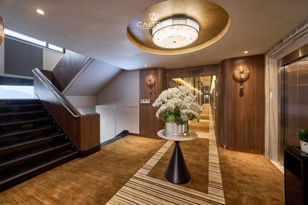 Luxurious cruise interior with elegant decor and ambient lighting in Halong Bay.