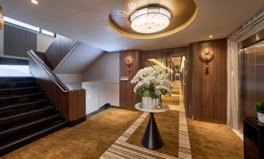 Luxurious cruise interior with elegant decor and ambient lighting in Halong Bay.
