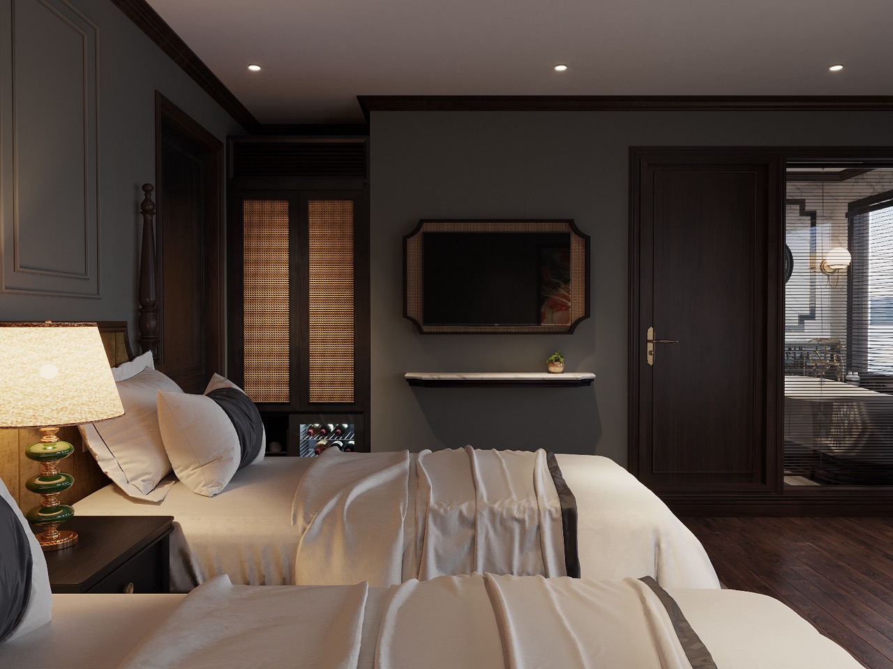 Elegant hotel bedroom with dark wooden furniture and cozy bedding, perfect for relaxation and comfort.