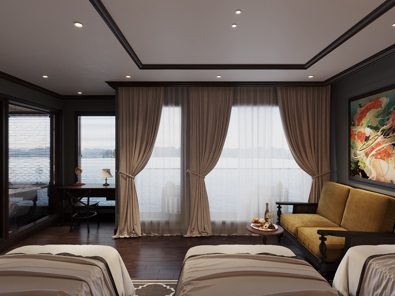 Luxury hotel room with ocean view, elegant curtains, and stylish furniture in Vietnam.
