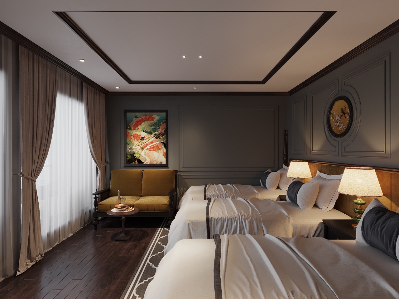 Luxurious hotel room with elegant decor, comfy beds, and ambient lighting in high-end accommodation.