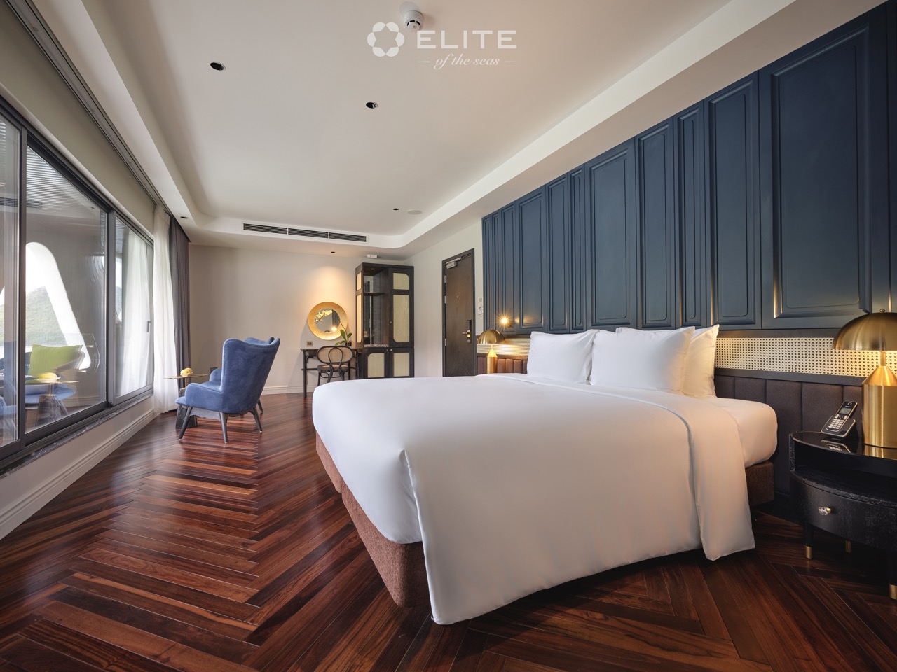 Halong Bay cruise balcony view with elegant interior and modern decor.