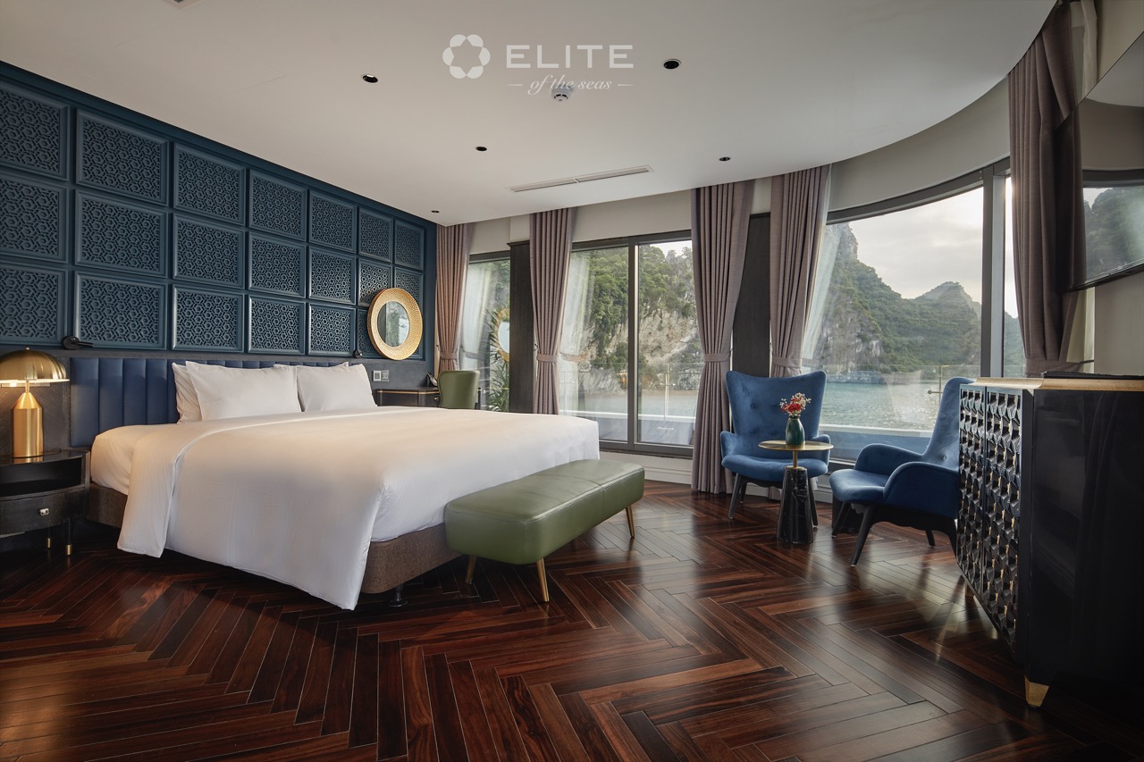 Stunning view of Halong Bay from luxurious cruise balcony with elegant interior design. Perfect for.