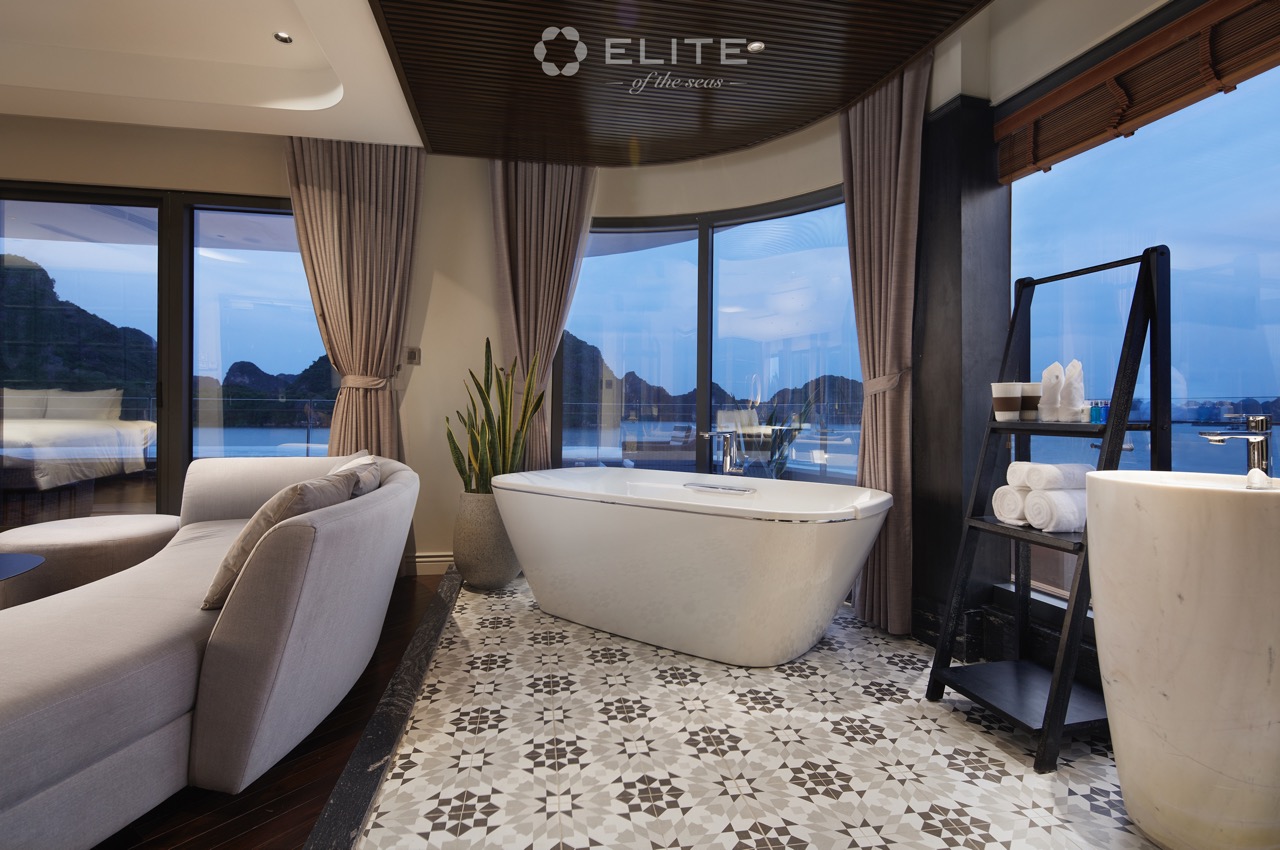 Elegant scene of a luxurious bathroom with a stunning view of Halong Bay from the cruise balcony, pe.